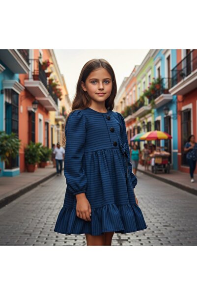FESSHERA KİDS Girls' Dress Winter Striped Bow Collar Detailed Long Sleeve Ruffled Winter Dress