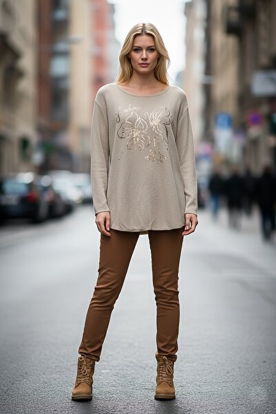 Chiccy Italian Beige Pool Neck Long Sleeve Floral Leaf B Printed Casual O Oversized Knitwear Blouse 75 75