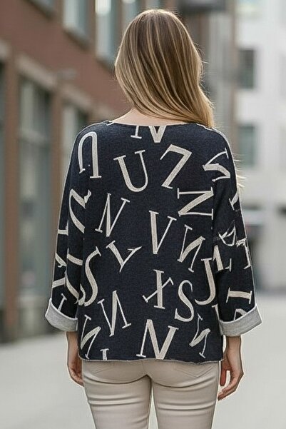 Chiccy Italian Anthracite V-Neck Long Sleeve Slim Allover Ba Printed Asual Knitwear Blouse 70 70