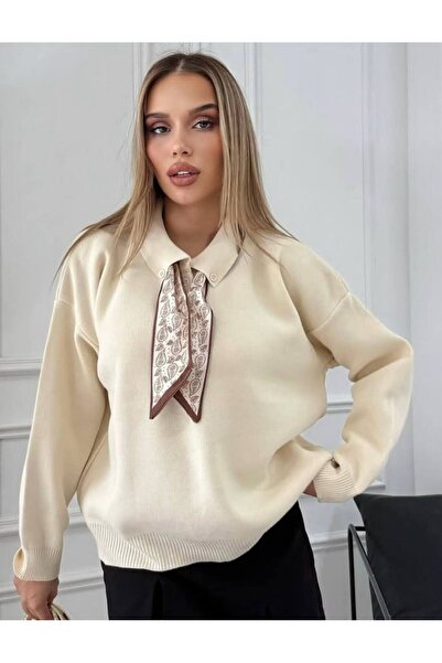 franky B سترة نسائية تريكو بياقة بولو مع وشاح وإكسسوارات