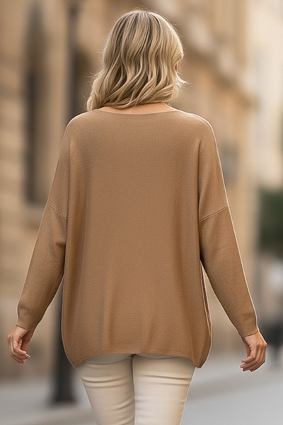 Chiccy Italian Dark Beige Pool Neck Long Sleeve Slim Star Applique Casual Knitwear Blouse 70 70