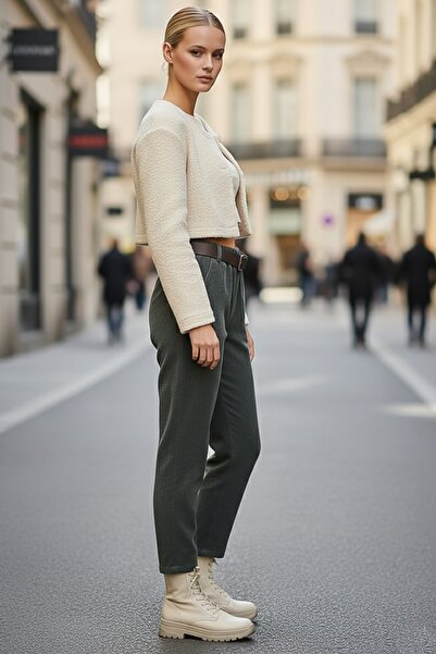 Chiccy Italian Khaki Pocketed Belted Elastic Waist Jogger Leg Casual Velvet Woven Trousers 100 65