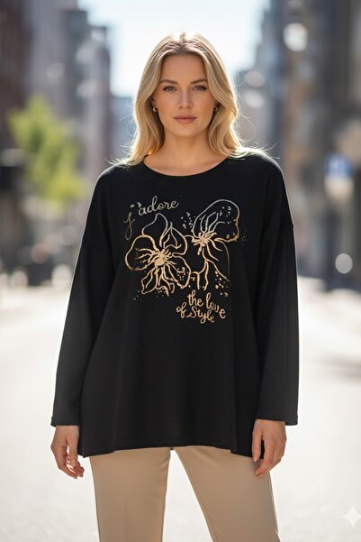 Chiccy Italian Black Pool Neck Long Sleeve Floral Leaf B Printed Casual O Oversized Knitwear Blouse 75 75