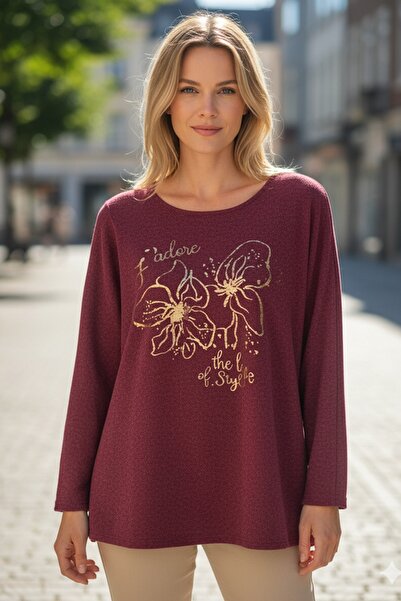 Chiccy Italian Plum Color Pool Neck Long Sleeve Floral Leaf B Printed Casual O Oversized Knitwear Blouse 75 75