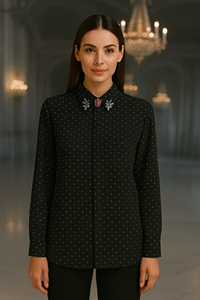 TUSSE Elegant Polka Dot Printed Collar Stone Embroidered Plus Size Classic Evening Dress Shirt