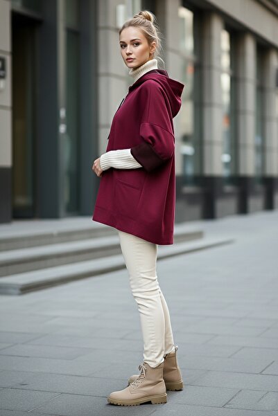 Chiccy Italian Plum Color K Hooded Long Sleeve Casual Suede Woven Jacket with Zipper Pockets 70 65