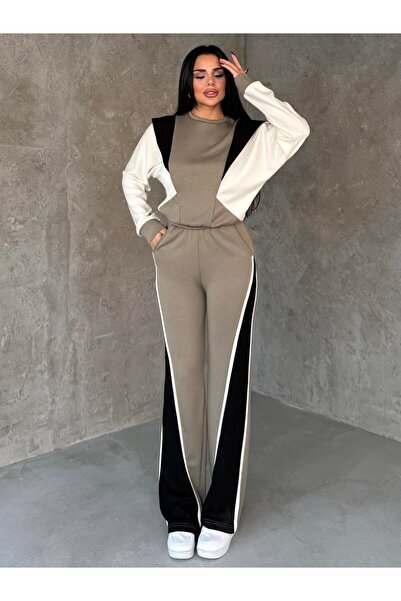 HARMONY GLOBAL Women's Beige Black Double Sport Set – Comfortable O Oversized Top & Ş Striped Detail Wide Leg Pants 7621