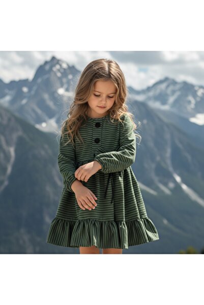 FESSHERA KİDS Φόρεμα για κορίτσια χειμερινό ριγέ φόρεμα με λεπτομέρεια με λαιμόκοψη με φιόγκο με μακρυμάνικο βολάν χειμερινό φόρεμα