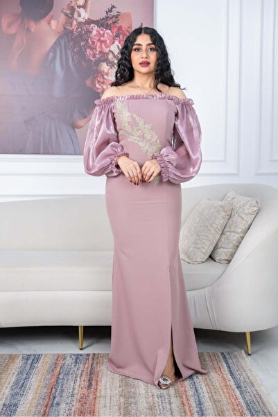 TREN Dusty Rose Shoulder-Baring Maxi Gown with Voluminous Satin Sleeves for Romantic Celebrations