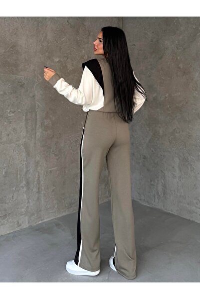 HARMONY GLOBAL Women's Beige Black Double Sport Set – Comfortable O Oversized Top & Ş Striped Detail Wide Leg Pants 7621