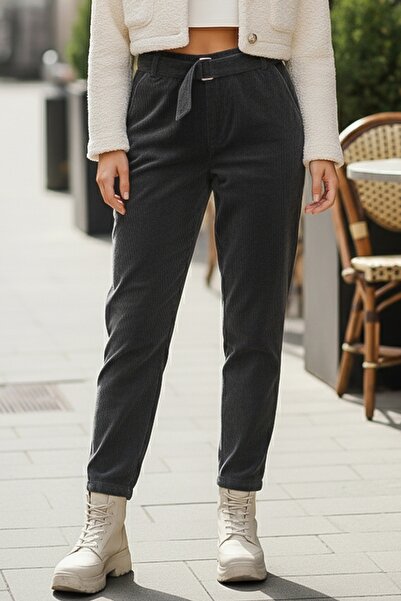 Chiccy Italian Anthracite Pocketed Belted Elastic Waist Jogger Leg Casual Velvet Woven Trousers 100 65