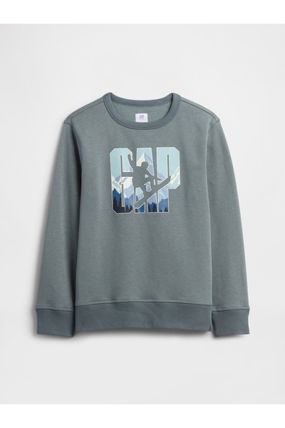 GAP Erkek Çocuk Gri Bisiklet Yaka Grafik Sweatshirt