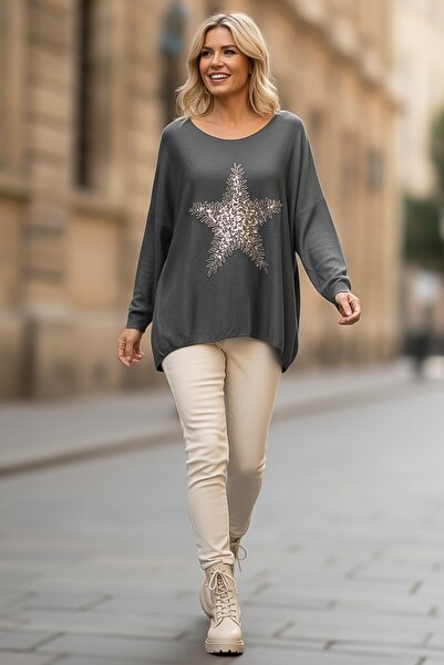 Chiccy Italian Anthracite Pool Neck Long Sleeve Slim Star Applique Casual Knitwear Blouse 70 70