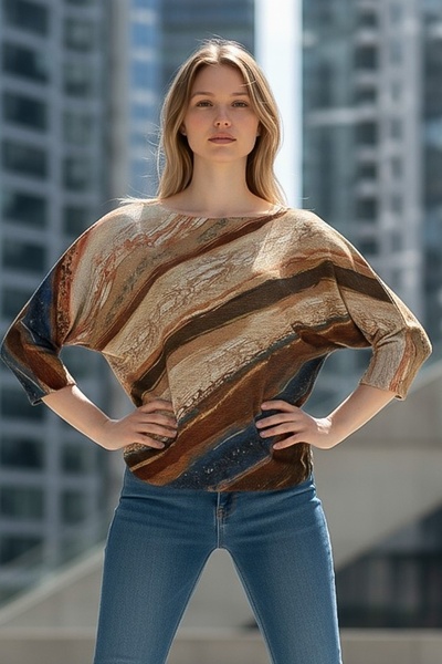 Chiccy Italian Beige-Brown Striped Boat Neck Batwing Sleeve Lurex Textured Casual Mercerized Knitwear Blouse 68 70