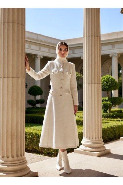 1Moda1Tarz Imported Tweed Fabric Button Detailed Lined Special Design Long Dress