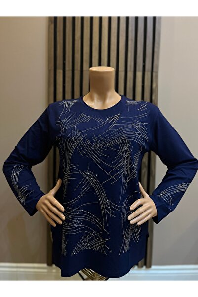 AKMAVİ Kadın Orta Yaş Ve Üzeri Pano Desenli Taşlı Lacivert Anne Penye Bluz