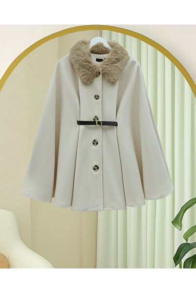 Modamorfo Buttoned Cashmere Poncho with Fur Collar and Belted Waist - Beige