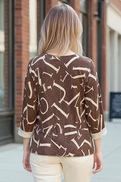 Chiccy Italian Brown V-Neck Long Sleeve Slim Allover Ba Printed Asual Knitwear Blouse 70 70