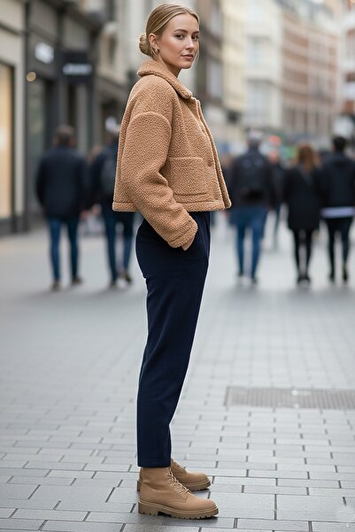 Chiccy Italian Navy Blue Pocketed Belted Elastic Waist Jogger Leg Casual Velvet Woven Trousers 100 65