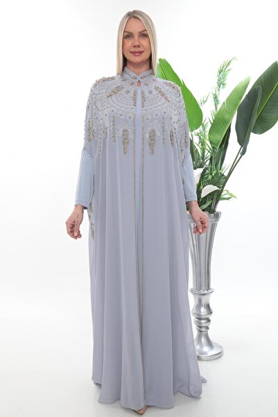 MİSS DİAMOND Zarif Taşlı Tesettüre Uygun Şifon Su Mavisi Uzun Abaya Ferace