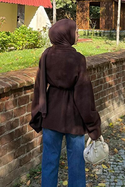 lamelif Knitted Cardigan with Tie Detail Bitter Brown