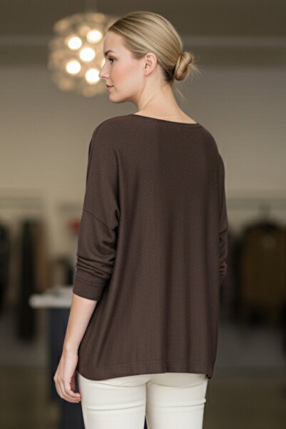 Chiccy Italian Brown Pool Neck Long Sleeve Slim Star Applique Casual Knitwear Blouse 70 70