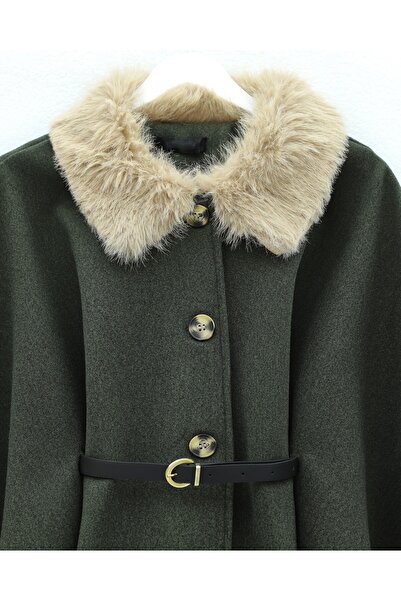 Modamorfo Buttoned Cashmere Poncho with Fur Collar and Belted Waist - Khaki