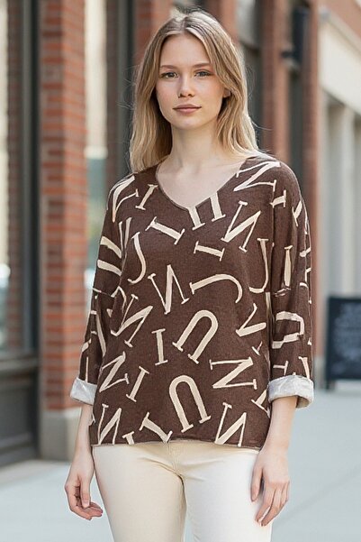 Chiccy Italian Brown V-Neck Long Sleeve Slim Allover Ba Printed Asual Knitwear Blouse 70 70