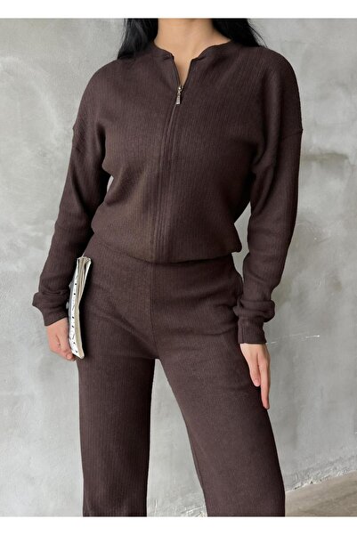 EYLANA Aci Brown Fleece-Lined Tricot Pants Bomber Jacket Women's Top-Bottom Set