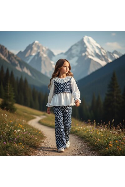 FESSHERA KİDS Girls' Stylish Lace Collar Long Sleeve Blouse and Patterned Pants Two-Piece Set / Special Occasion and Holiday Wear