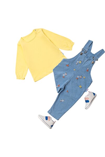 Baby Buu Renkli Çiçek Nakışlı Likralı Kot Mevsimlik 2li Salopet Set