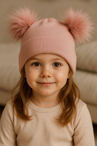 MYZİ STORE قبعة تريكو شتوية للأطفال الصغار ذات بوم بوم مزدوجة – قبعة للفتيات (1-7 سنوات)