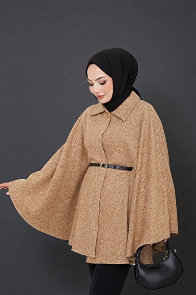 Cochines Women's Tan Gold Brooch Buttoned Belted Shirt Collar Wrinkled Cashmere Short Coat Hijab Tunic Long Poncho
