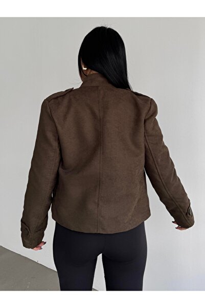 HARMONY GLOBAL Women's Khaki Buckle Collar and Button Detail Vorse Suede Short Jacket – Elegant Posture, Stylish Suede Coat 7615