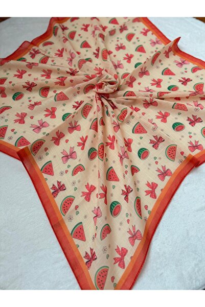 HURİSÖNMEZ Watermelon-Bow Themed Orange Girl's Scarf 80*80 cm Cotton-Linen