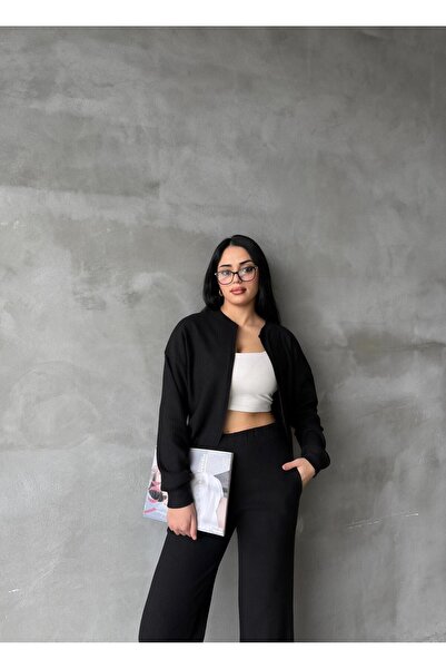 EYLANA Black Sh Fleece-Lined Tricot Pants Bomber Jacket Women's Top-Bottom Set