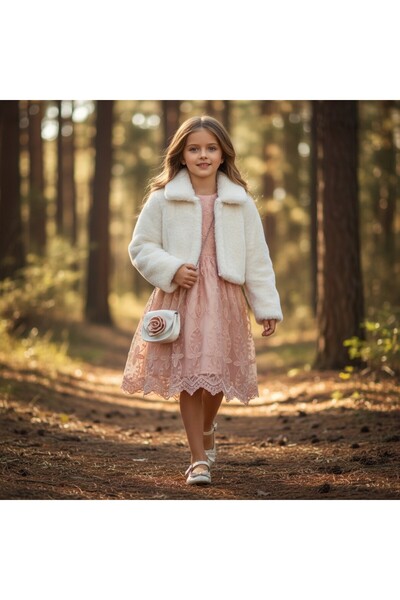 FESSHERA Girls' Dress Tulle Lace Princess Dress and Plush Coat Combination Chain Strap Mini Bag Set