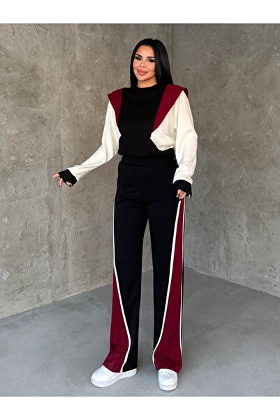 HARMONY GLOBAL Women's Black Red Two-Piece Sportswear Set – Comfortable O Oversized Top & Sh Striped Detail Wide-Leg Pants 7621