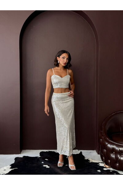 Lady Pixie High Waist Sequined Long Skirt