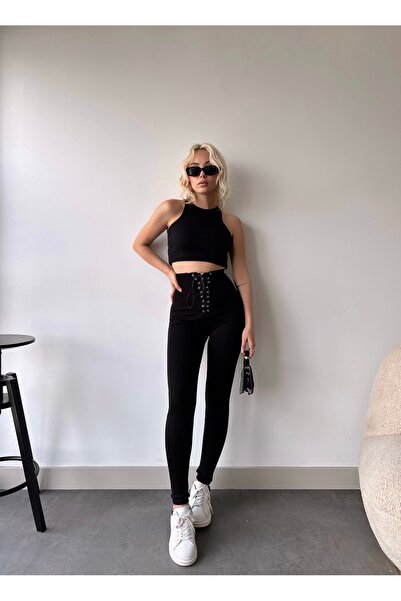 LACHT Women's Black High Waist Steel Knitted Leggings with Zipper and Eyelet Closure