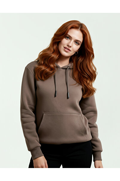 Veleno Hanorac maro oversize pentru femei, cu glugă și buzunar cangur, din țe...