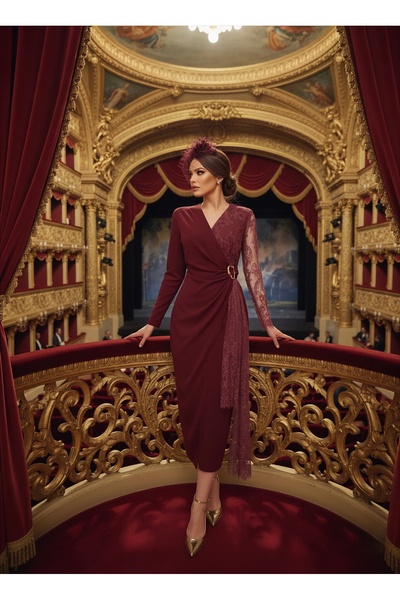 1Moda1Tarz Imported Crepe & Lace Fabric Buckle Detailed Lined Special Design Maxi Dress