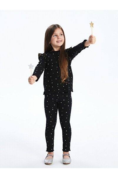 LC Waikiki Black Crew Neck Printed Girls Blouse and Leggings Set of 2