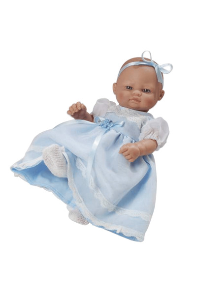 Berbesa Papusa bebelus cu rochita lunga bleu, 27 cm,