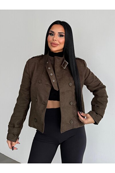 HARMONY GLOBAL Women's Khaki Buckle Collar and Button Detail Vorse Suede Short Jacket – Elegant Posture, Stylish Suede Coat 7615