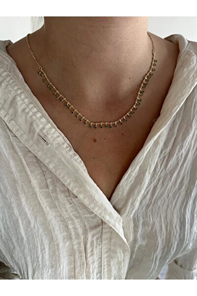 Charmist 14K Çelik Üzeri Altın Kaplama Yeşil Zirkon Taş Kolye