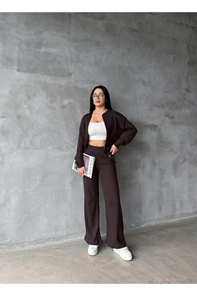 EYLANA Aci Brown Fleece-Lined Tricot Pants Bomber Jacket Women's Top-Bottom Set