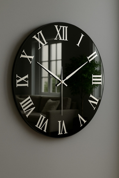 FLEXON Siyah Dekoratif Duvar Saati | 45 cm Yuvarlak Tasarım | Gerçek Cam Ayna...