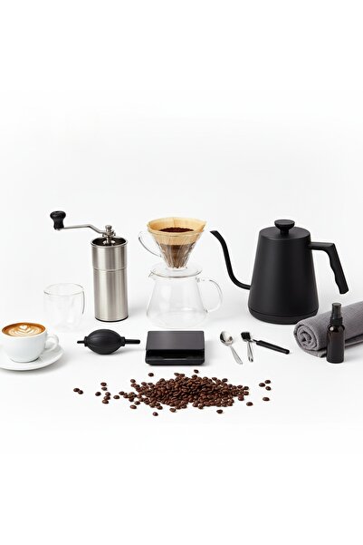 Denx Professional Drip Coffee Brewing Kit – Kettle + Manual Grinder + Glass Server + Scale and Accessories