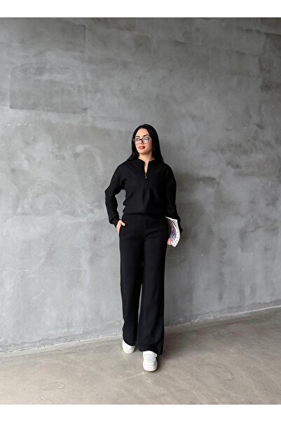 EYLANA Black Sh Fleece-Lined Tricot Pants Bomber Jacket Women's Top-Bottom Set